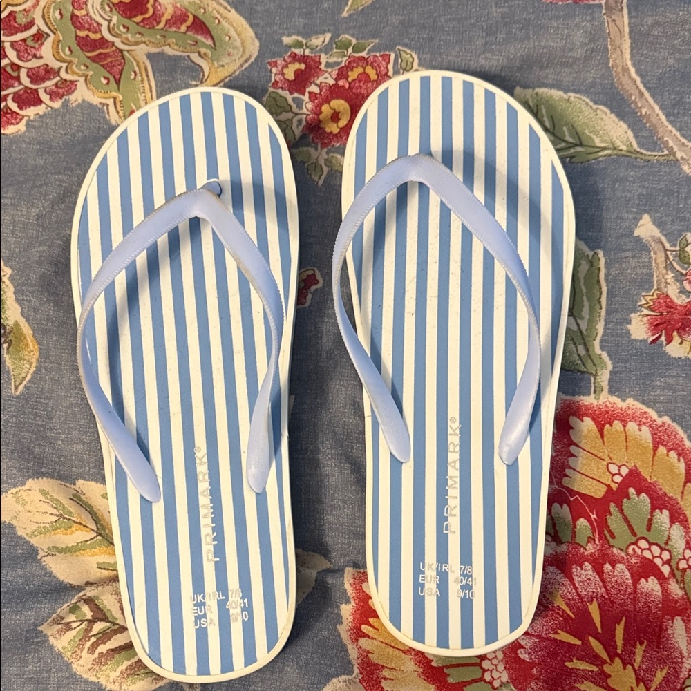 Primark Light Blue and White Striped Flip Flops